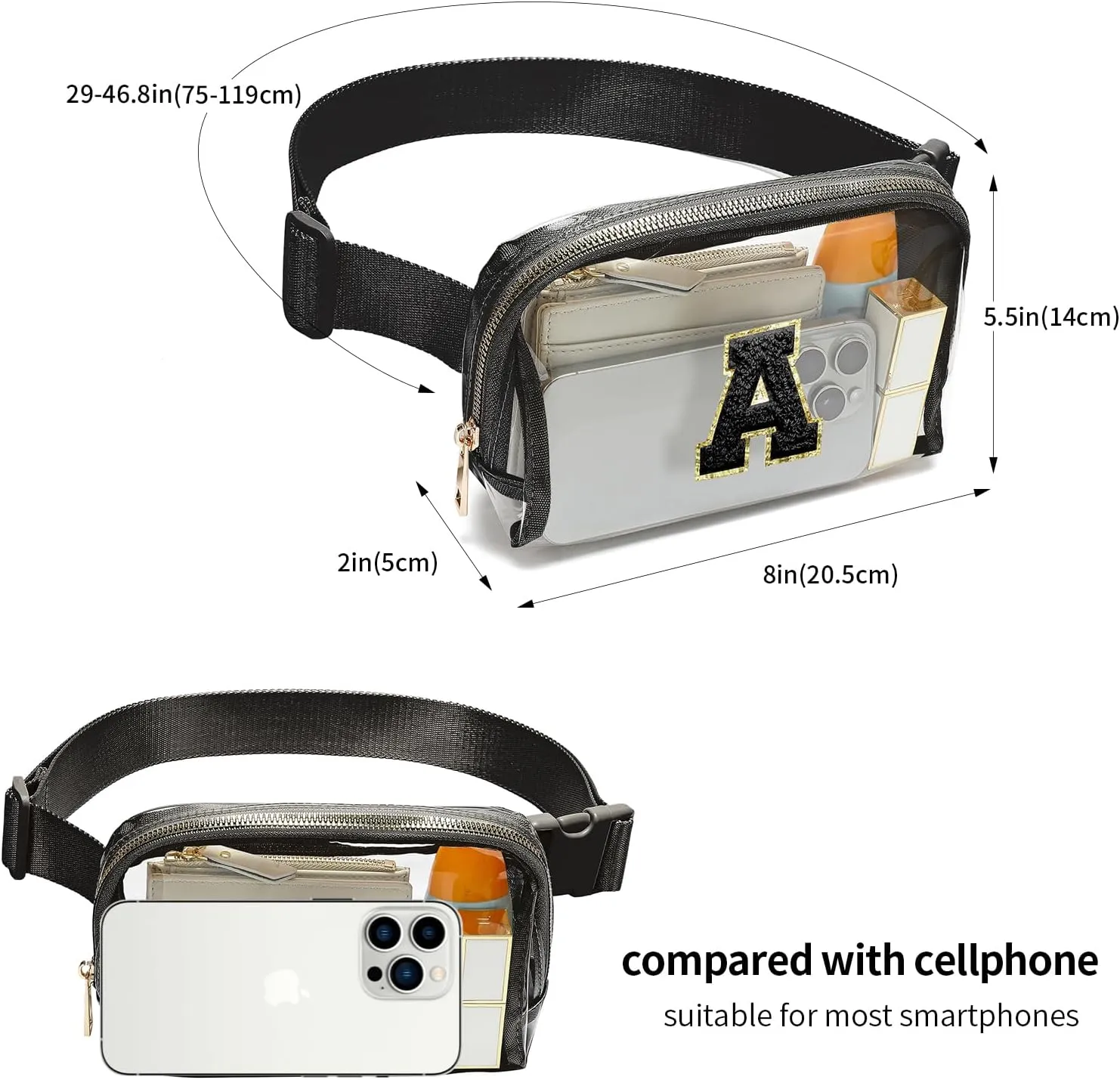 Clear Fanny Pack Belt Bag Stadium Approved for Women Men with Inital Letters Adjustable Strap Water-resistant Waist bag Clear Purse(Black,A)