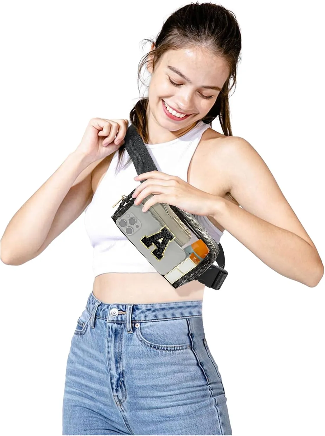 Clear Fanny Pack Belt Bag Stadium Approved for Women Men with Inital Letters Adjustable Strap Water-resistant Waist bag Clear Purse(Black,A)