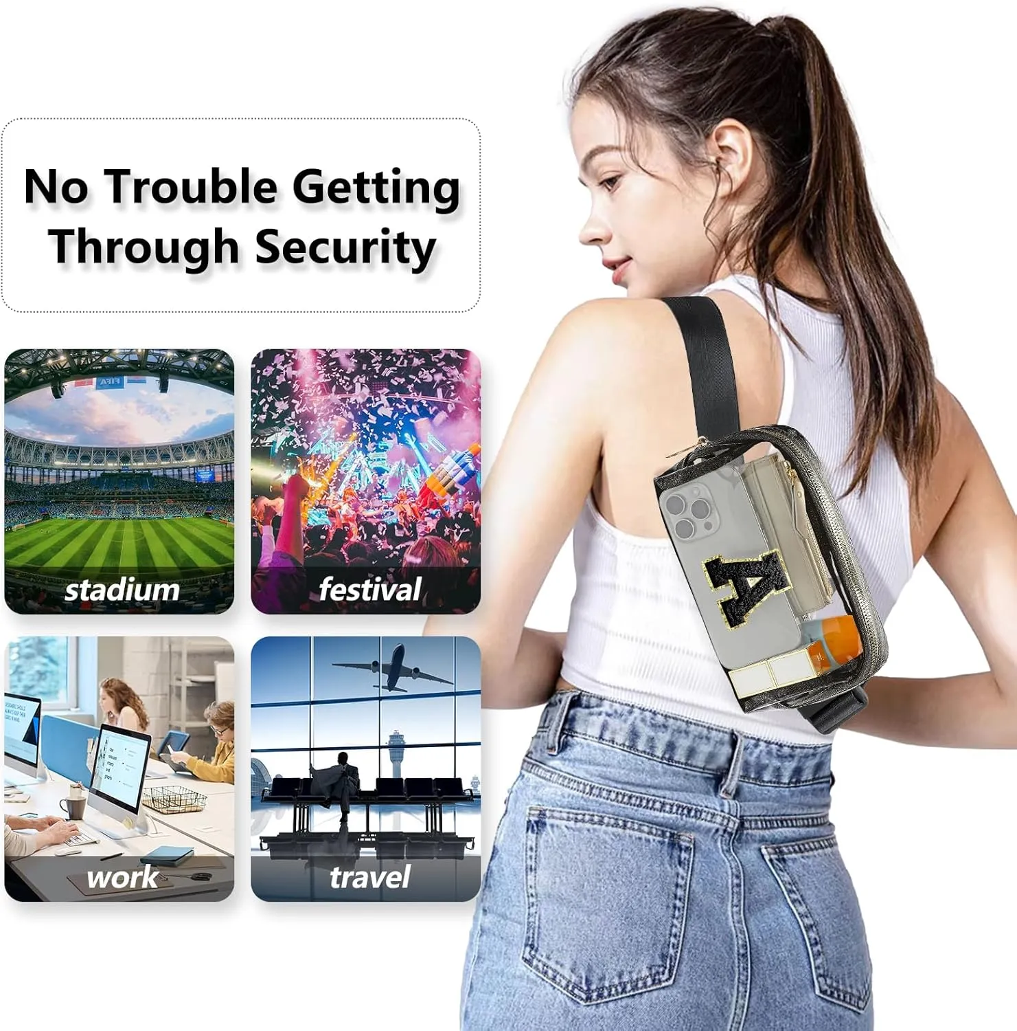 Clear Fanny Pack Belt Bag Stadium Approved for Women Men with Inital Letters Adjustable Strap Water-resistant Waist bag Clear Purse(Black,A)