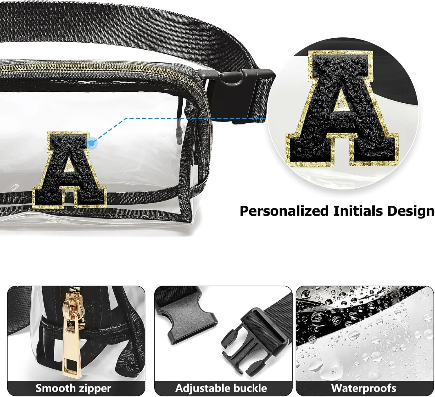 Clear Fanny Pack Belt Bag Stadium Approved for Women Men with Inital Letters Adjustable Strap Water-resistant Waist bag Clear Purse(Black,A)