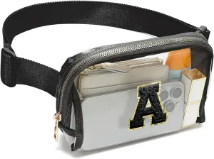 Clear Fanny Pack Belt Bag Stadium Approved for Women Men with Inital Letters Adjustable Strap Water-resistant Waist bag Clear Purse(Black,A)
