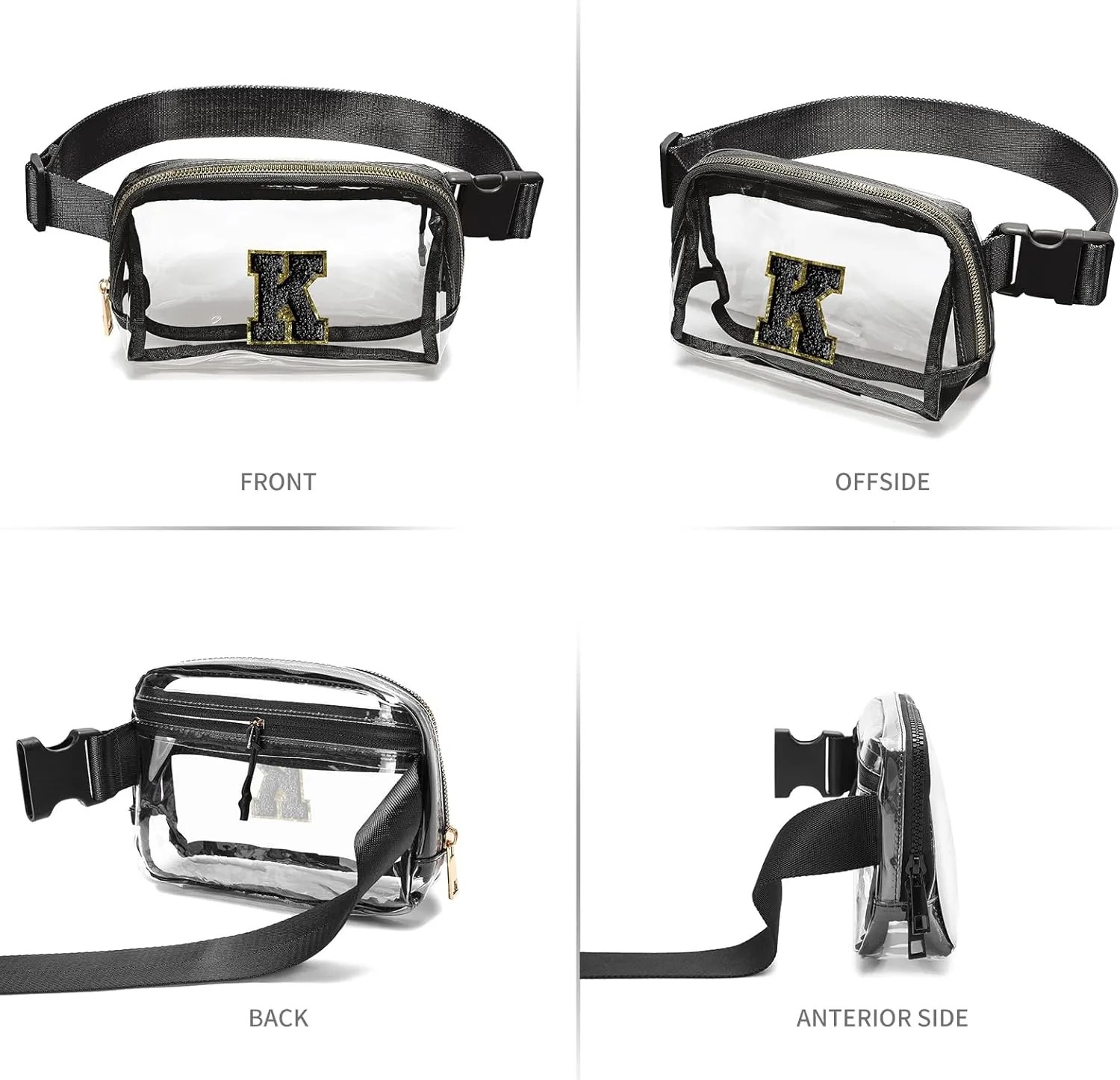 Clear Fanny Pack Belt Bag Stadium Approved for Women Men with Inital Letters Adjustable Strap Water-resistant Waist bag Clear Purse(Black,A)