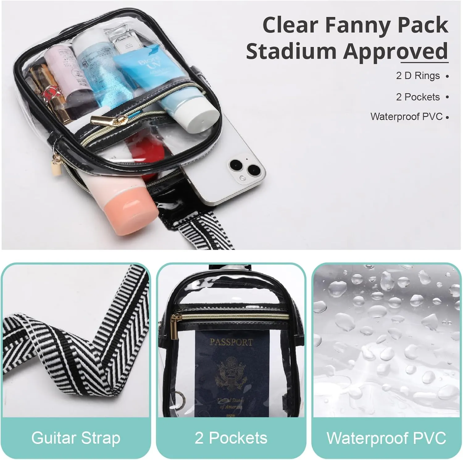 Clear Sling Bag - Stadium Approved Fanny Pack for Women & Men - Transparent Crossbody Bag with Adjustable Guitar Straps for Sports, Beach, Events, Concerts, Festivals
