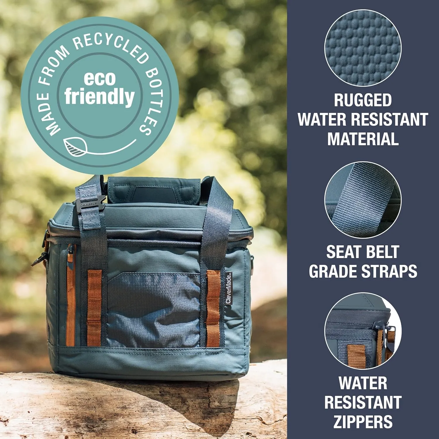 CleverMade Pacifica Pro Cooler Bag; Soft Sided Insulated Leakproof 18 Can Lunchbox with Bottle Opener & Shoulder Strap; Made from Recycled Materials, Midnight/Black