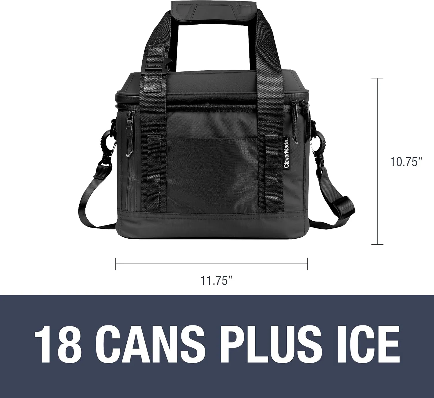 CleverMade Pacifica Pro Cooler Bag; Soft Sided Insulated Leakproof 18 Can Lunchbox with Bottle Opener & Shoulder Strap; Made from Recycled Materials, Midnight/Black