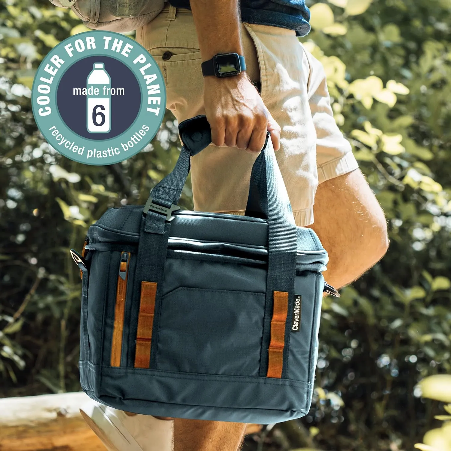 CleverMade Pacifica Pro Cooler Bag; Soft Sided Insulated Leakproof 18 Can Lunchbox with Bottle Opener & Shoulder Strap; Made from Recycled Materials, Midnight/Black