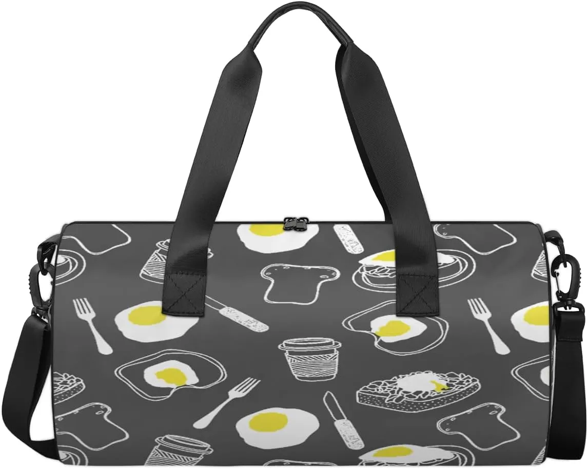 Coffee Omelet Travel Duffel Bag Delicious Breakfast Tableware Sports Gym Bag Men Women Sports Travel Luggage Bag 17.6”×9”×9 “ Duffel Bag Weekend Overnight Gym Bag Nvenient For Carrying