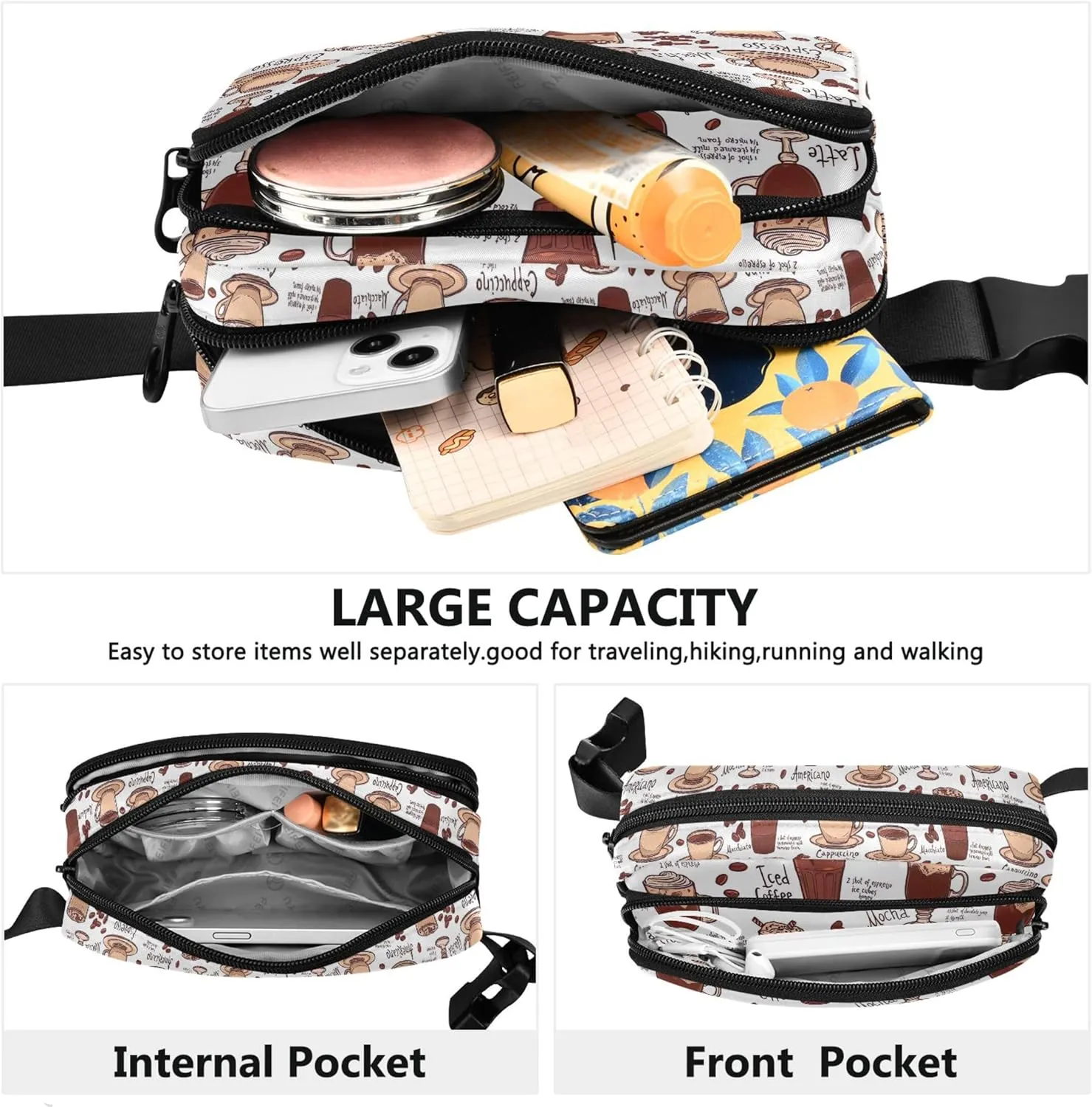 Coffee Pattern Cups Women Fanny Pack Waterproof Belt Bag Hip Pack Designer Crossbody Waist Bag