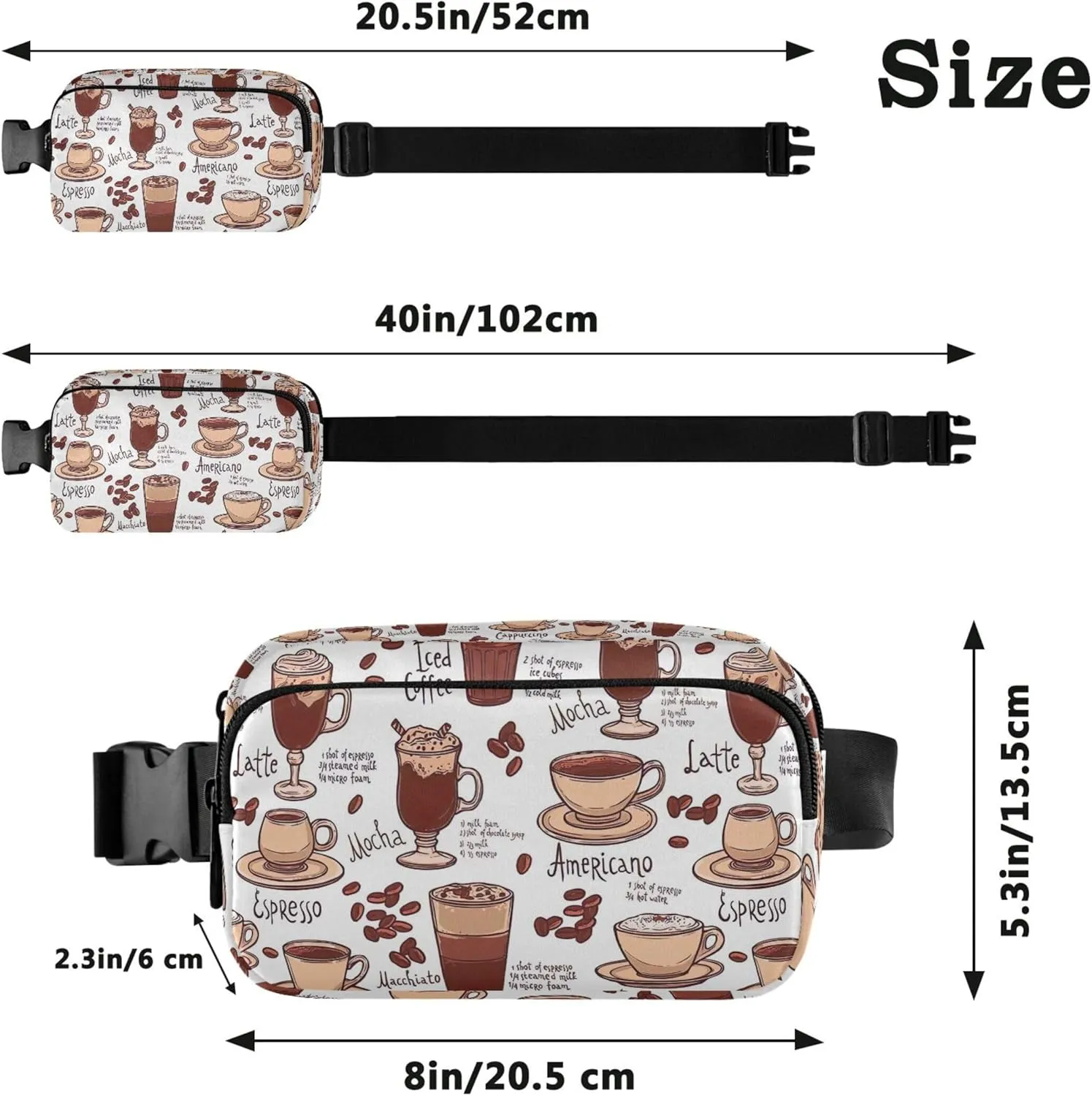 Coffee Pattern Cups Women Fanny Pack Waterproof Belt Bag Hip Pack Designer Crossbody Waist Bag