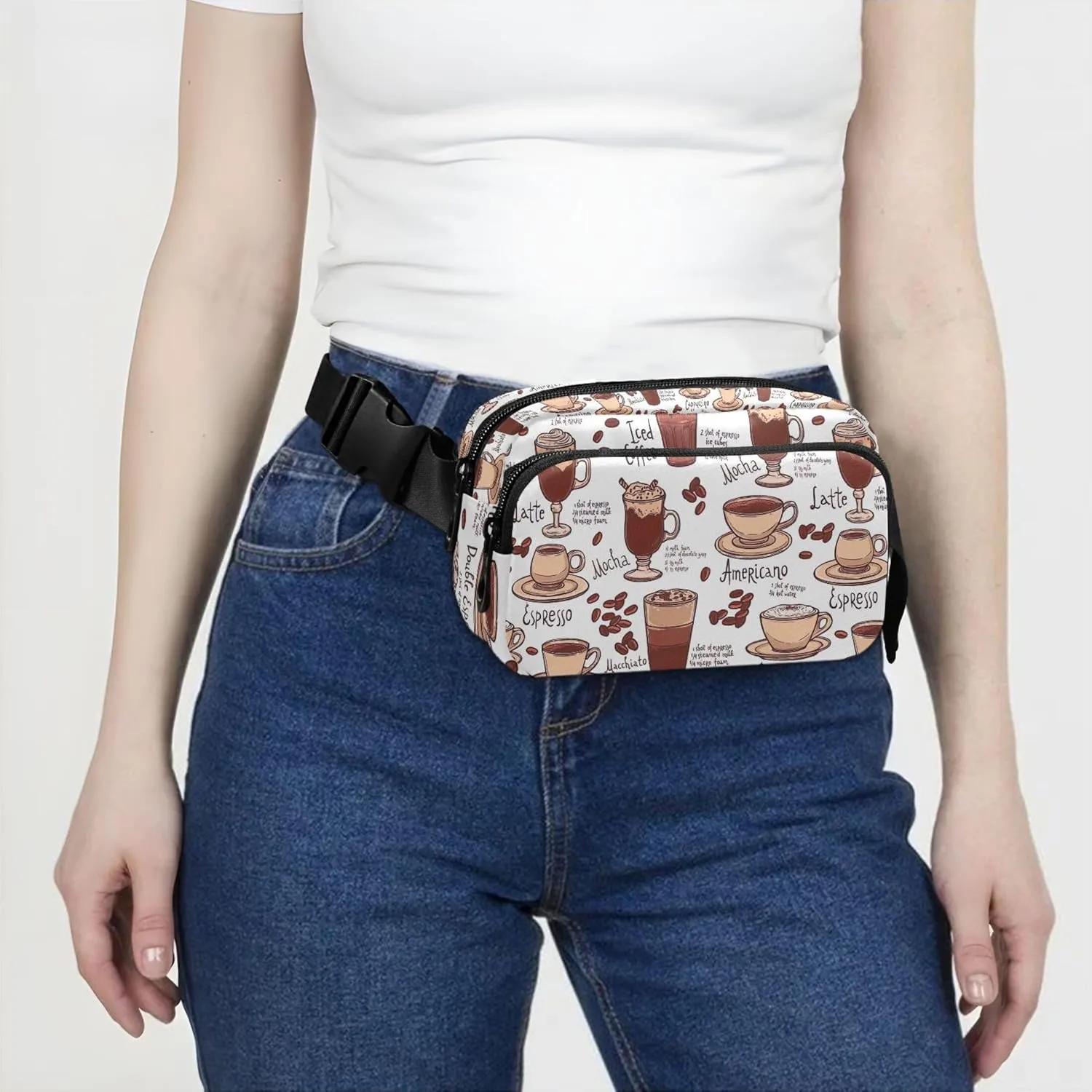 Coffee Pattern Cups Women Fanny Pack Waterproof Belt Bag Hip Pack Designer Crossbody Waist Bag
