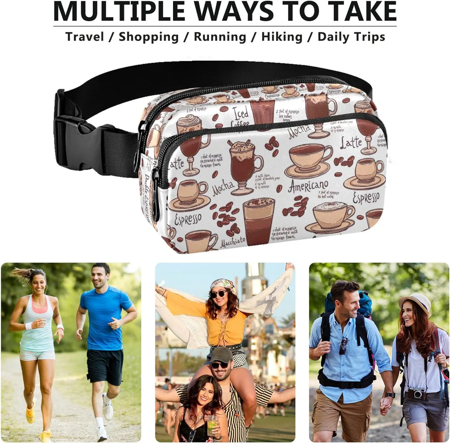 Coffee Pattern Cups Women Fanny Pack Waterproof Belt Bag Hip Pack Designer Crossbody Waist Bag
