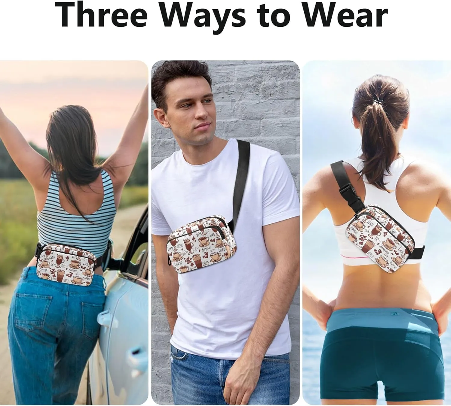 Coffee Pattern Cups Women Fanny Pack Waterproof Belt Bag Hip Pack Designer Crossbody Waist Bag