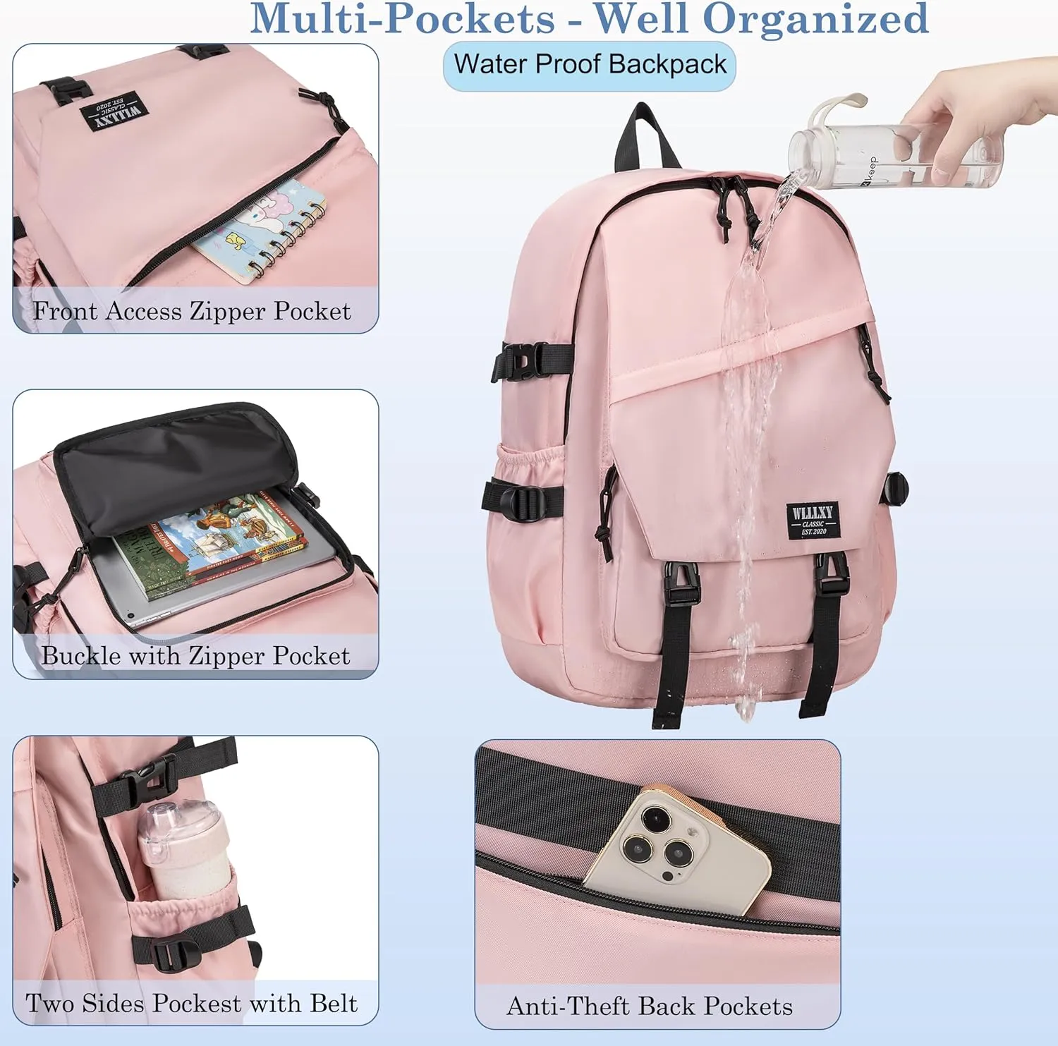 College Laptop Backpack for Men Women 16 Elementary Middle High School Book Bag For Teens Girls Boys Anti Theft Travel Backpacks Waterproof Casual Daypack Large Student Bookbags（Pink-L）