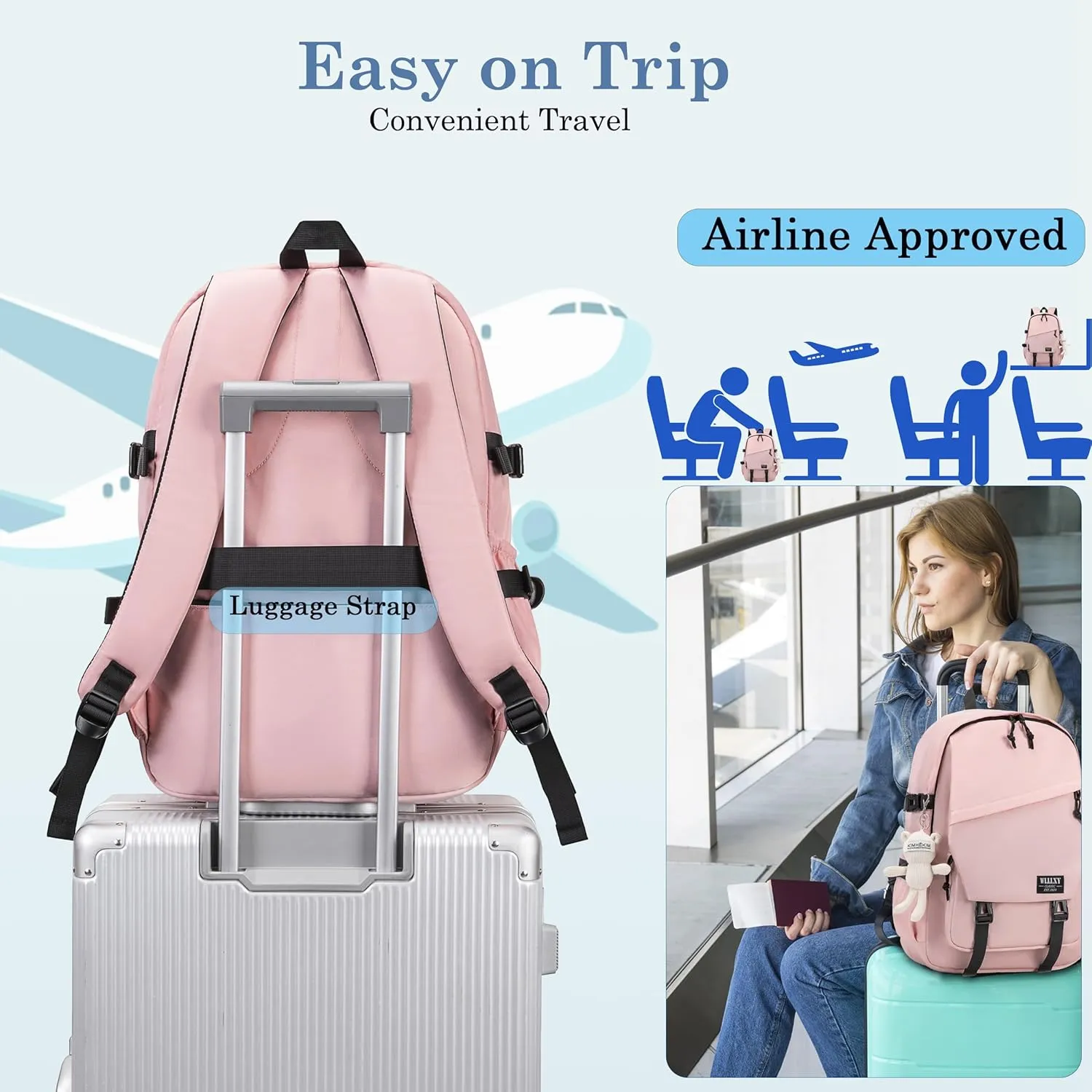 College Laptop Backpack for Men Women 16 Elementary Middle High School Book Bag For Teens Girls Boys Anti Theft Travel Backpacks Waterproof Casual Daypack Large Student Bookbags（Pink-L）