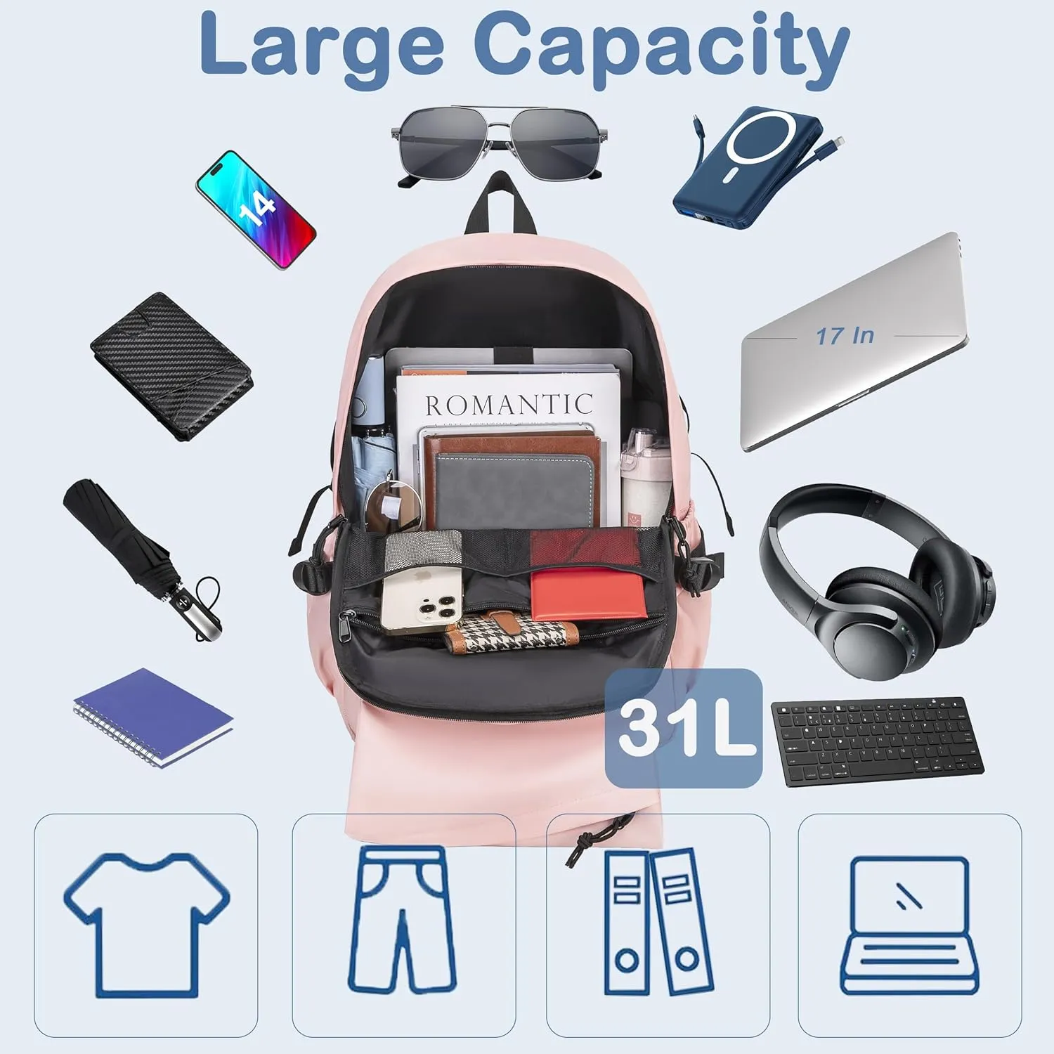 College Laptop Backpack for Men Women 16 Elementary Middle High School Book Bag For Teens Girls Boys Anti Theft Travel Backpacks Waterproof Casual Daypack Large Student Bookbags（Pink-L）