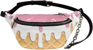 Coloranimal Colorful Ice Cream Fanny Packs Ice Cream Waffle Cherry Flavor Pattern Fashion Waist Packs for Women PU Leather Waist Bag with Zippered Pocket Ladies Tote Top-handle Handbag Purse