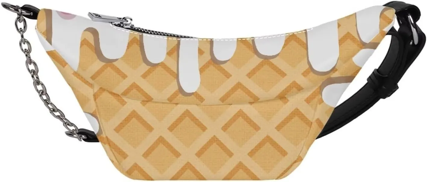 Coloranimal Colorful Ice Cream Fanny Packs Ice Cream Waffle Cherry Flavor Pattern Fashion Waist Packs for Women PU Leather Waist Bag with Zippered Pocket Ladies Tote Top-handle Handbag Purse