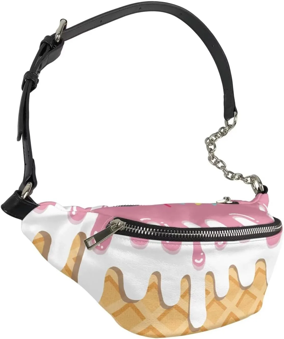 Coloranimal Colorful Ice Cream Fanny Packs Ice Cream Waffle Cherry Flavor Pattern Fashion Waist Packs for Women PU Leather Waist Bag with Zippered Pocket Ladies Tote Top-handle Handbag Purse