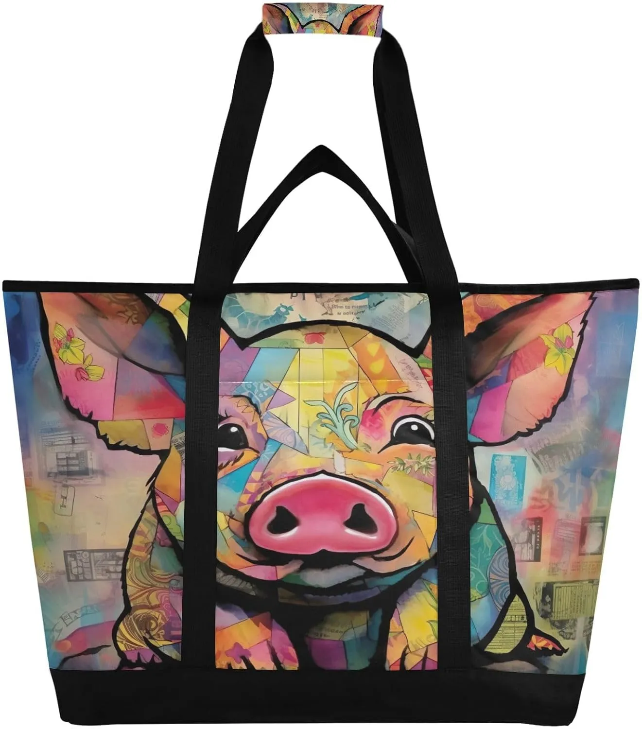Colorful Art Pig Reusable Insulated Lunchbox Cooler Bag, Leakproof Kitchen Grocery Bag Collapsible Portable Cooler Tote Bag for Picnic, Camping, Office, Travel