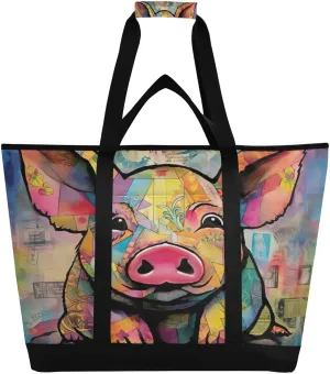 Colorful Art Pig Reusable Insulated Lunchbox Cooler Bag, Leakproof Kitchen Grocery Bag Collapsible Portable Cooler Tote Bag for Picnic, Camping, Office, Travel