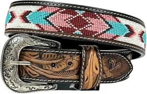 Colorful Designs Handmade Beaded Men's Leather Belt Quality Thick Durable Wax Cowboy Western Style Alloy Classic Fitted Casual Formal Wear in Pant Trouser Jeans Size: Waist 31-34in - Length 39in