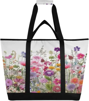Colorful Flowers Reusable Insulated Lunchbox Cooler Bag, Leakproof Kitchen Grocery Bag Collapsible Portable Cooler Tote Bag for Picnic, Camping, Office, Travel