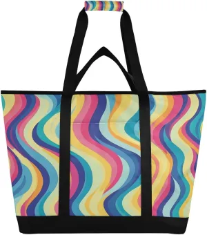 Colourful Curves Reusable Insulated Lunchbox Cooler Bag, Leakproof Kitchen Grocery Bag Collapsible Portable Cooler Tote Bag for Picnic, Camping, Office, Travel