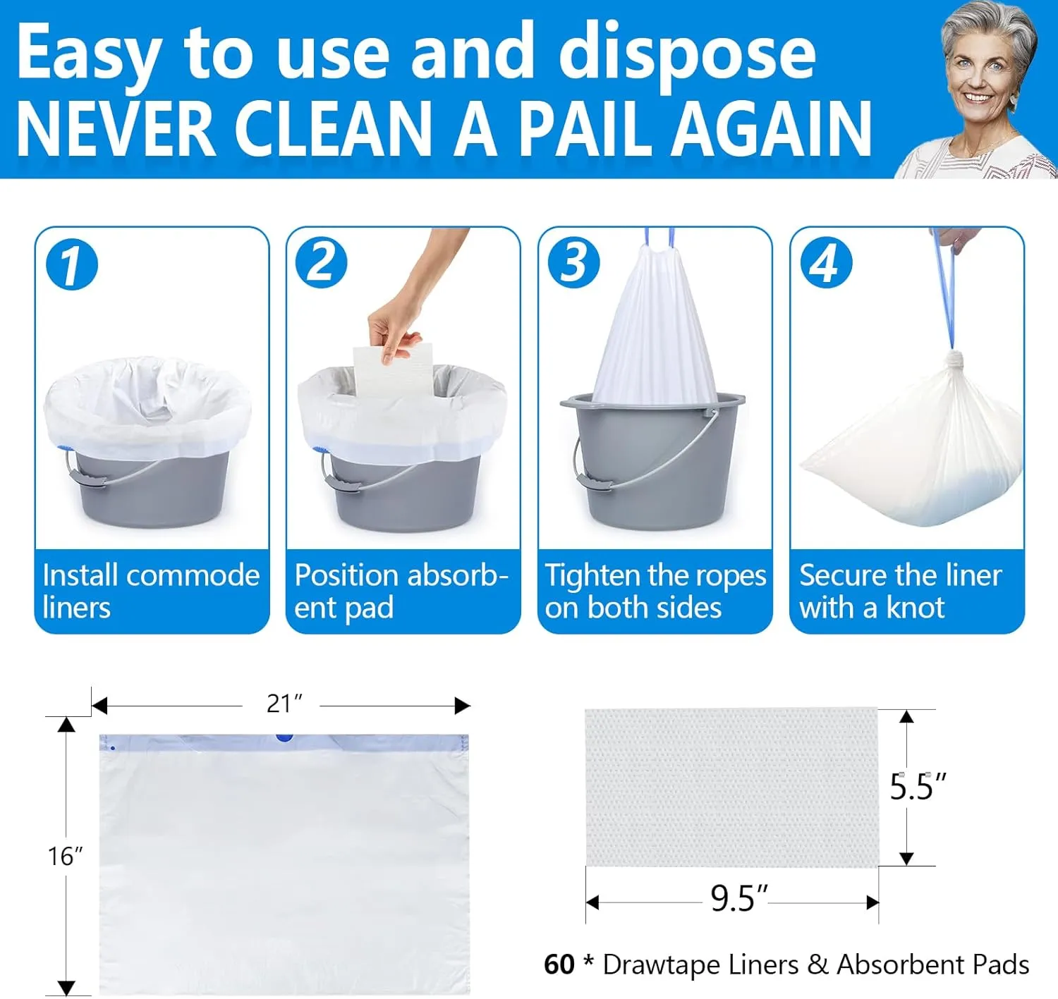 Commode Liners with Highly Absorbent Pads - [Pack of 60] - FSA HSA Eligible Bedside Commode Liners Disposable - Medical Grade - Leak-Proof - Toilet Liners Disposable Adult