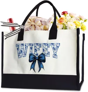 Coquette Bow Wifey Tote Bag for Women, Wifey Floral Toile Blue Water Color Tote Bag for New wife Engagement and Birthday, 17 x 11.8 x 7 Inches