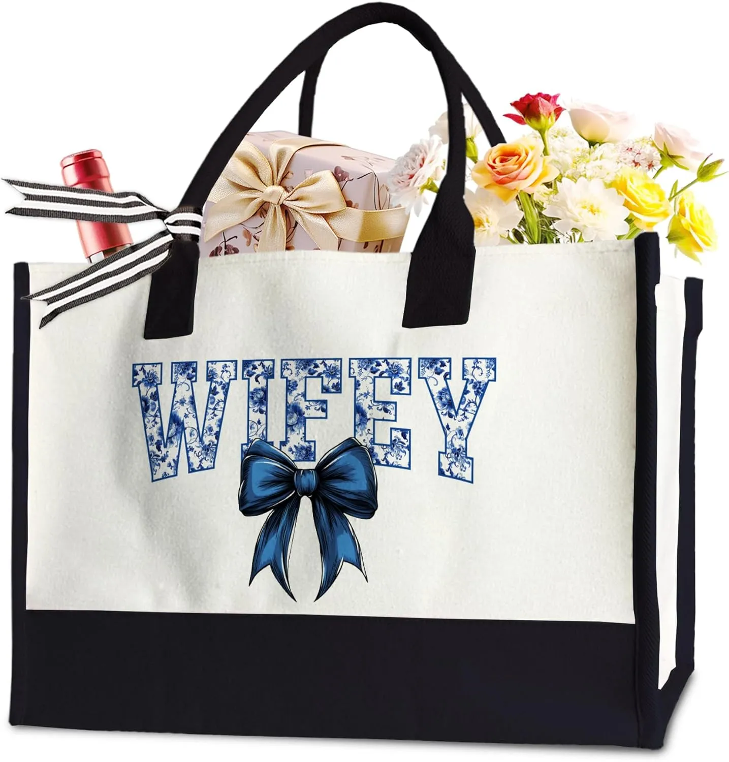 Coquette Bow Wifey Tote Bag for Women, Wifey Floral Toile Blue Water Color Tote Bag for New wife Engagement and Birthday, 17 x 11.8 x 7 Inches