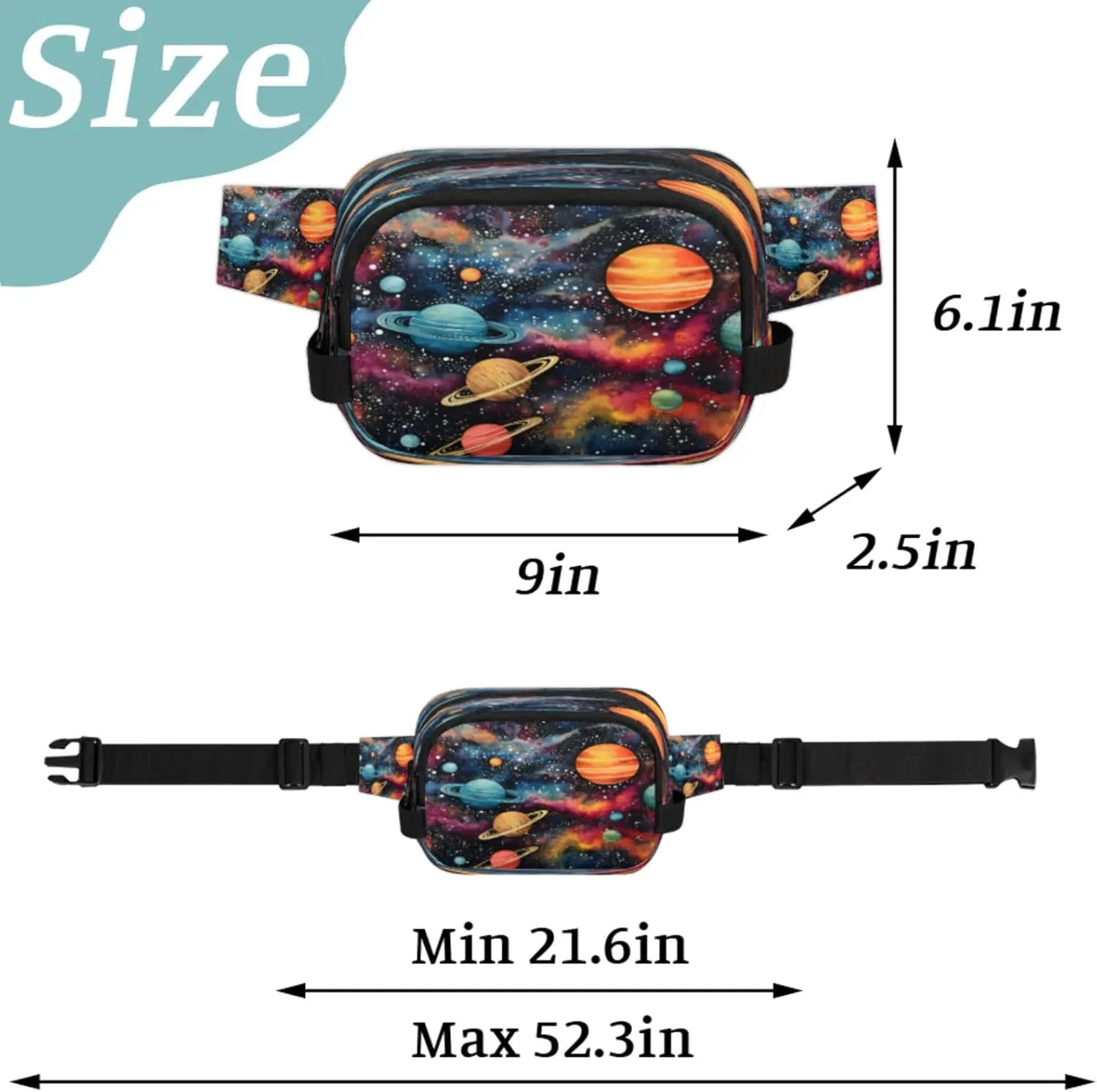 Cosmic Dreams Waterproof Unisex Square Fanny Pack, Adjustable Waist Bag with Pockets, Sturdy Lightweight Crossbody Bag for Travel, Running, Hiking (9x6.1x2.5 Inches)