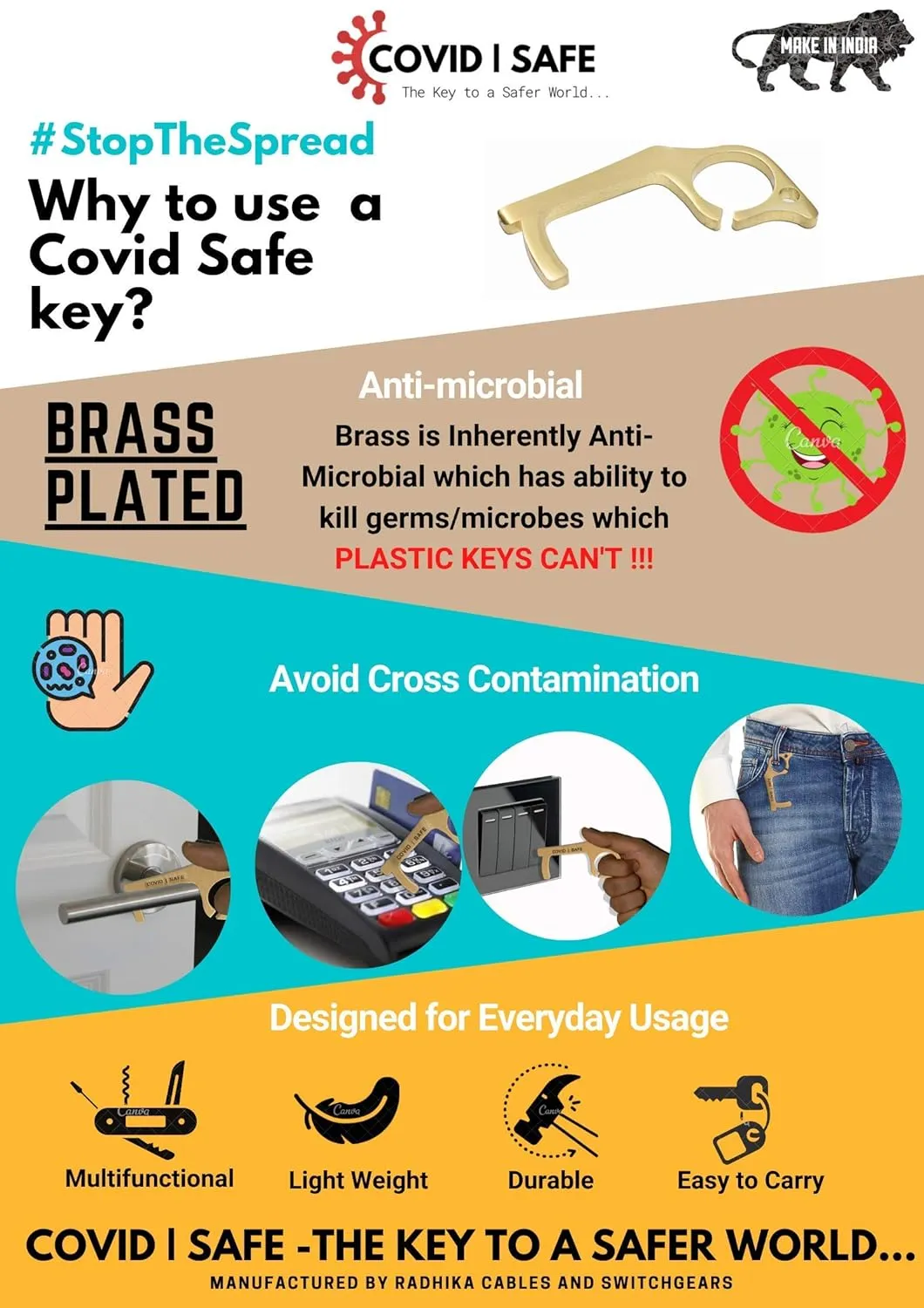 COVID SAFE KEY HANDS FREE KEY - SAFETY and HYGIENE HAND ANTIMICROBIAL BRASS DOOR OPENER