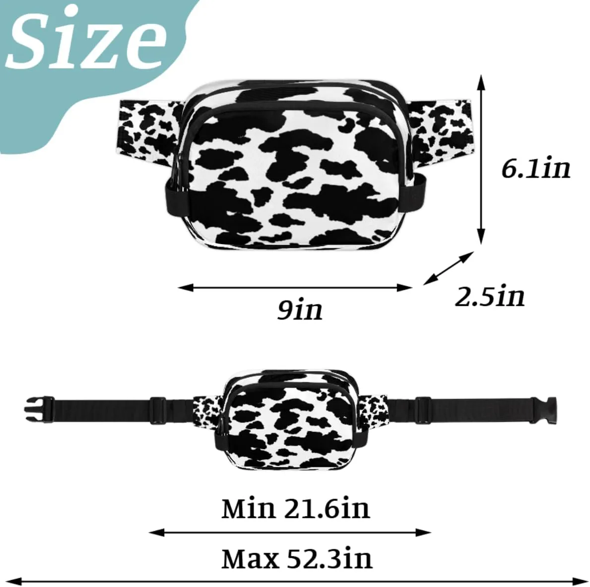 Cow Print Fanny Pack for Men Women Animal Cow Crossbody Waist Bag with Adjustable Strap, Waterproof Belt Bag for Travel Walking Running Hiking Cycling Outdoors Workout