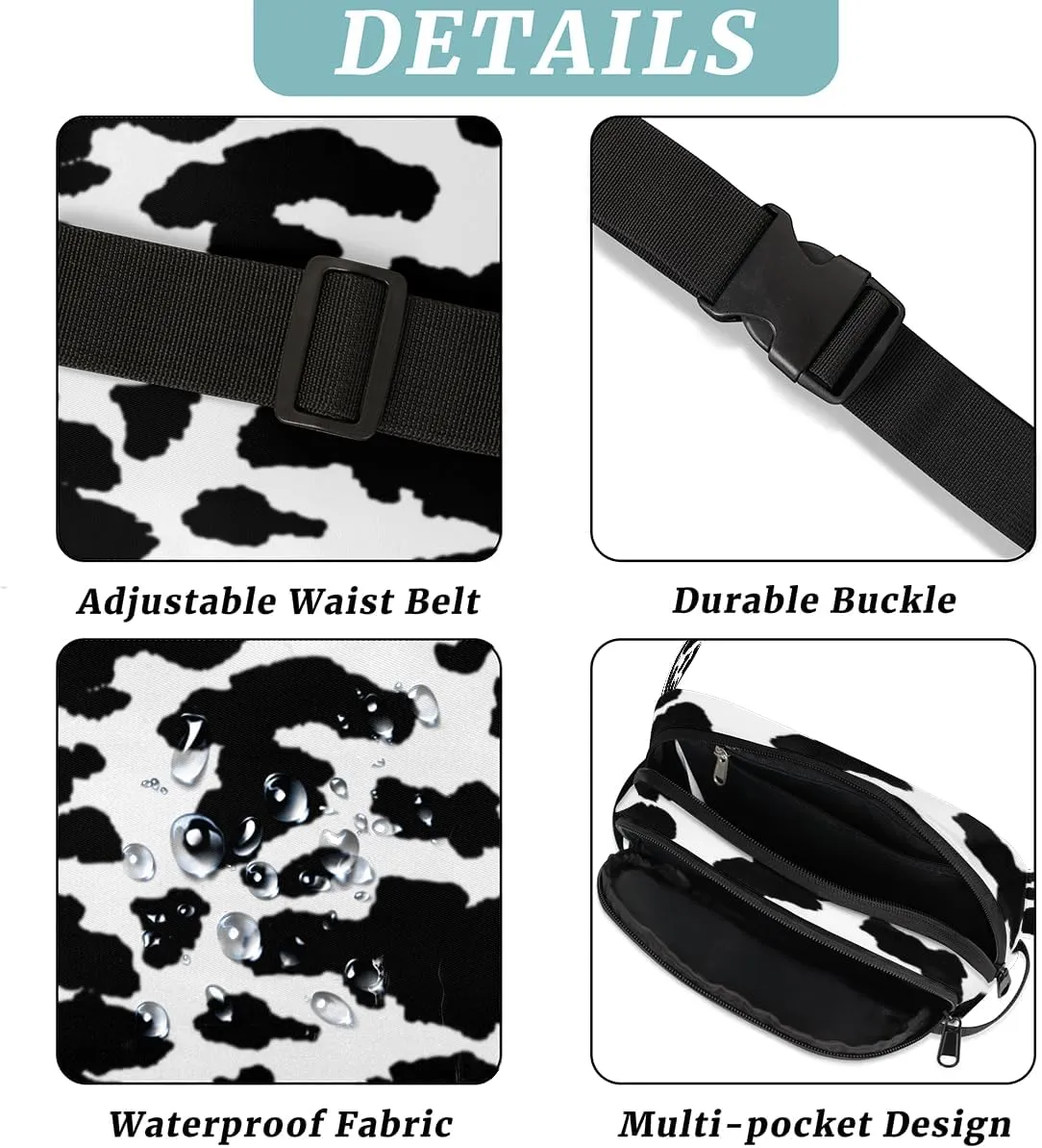 Cow Print Fanny Pack for Men Women Animal Cow Crossbody Waist Bag with Adjustable Strap, Waterproof Belt Bag for Travel Walking Running Hiking Cycling Outdoors Workout