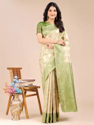 Cream & Light Green Banarasi Silk Saree