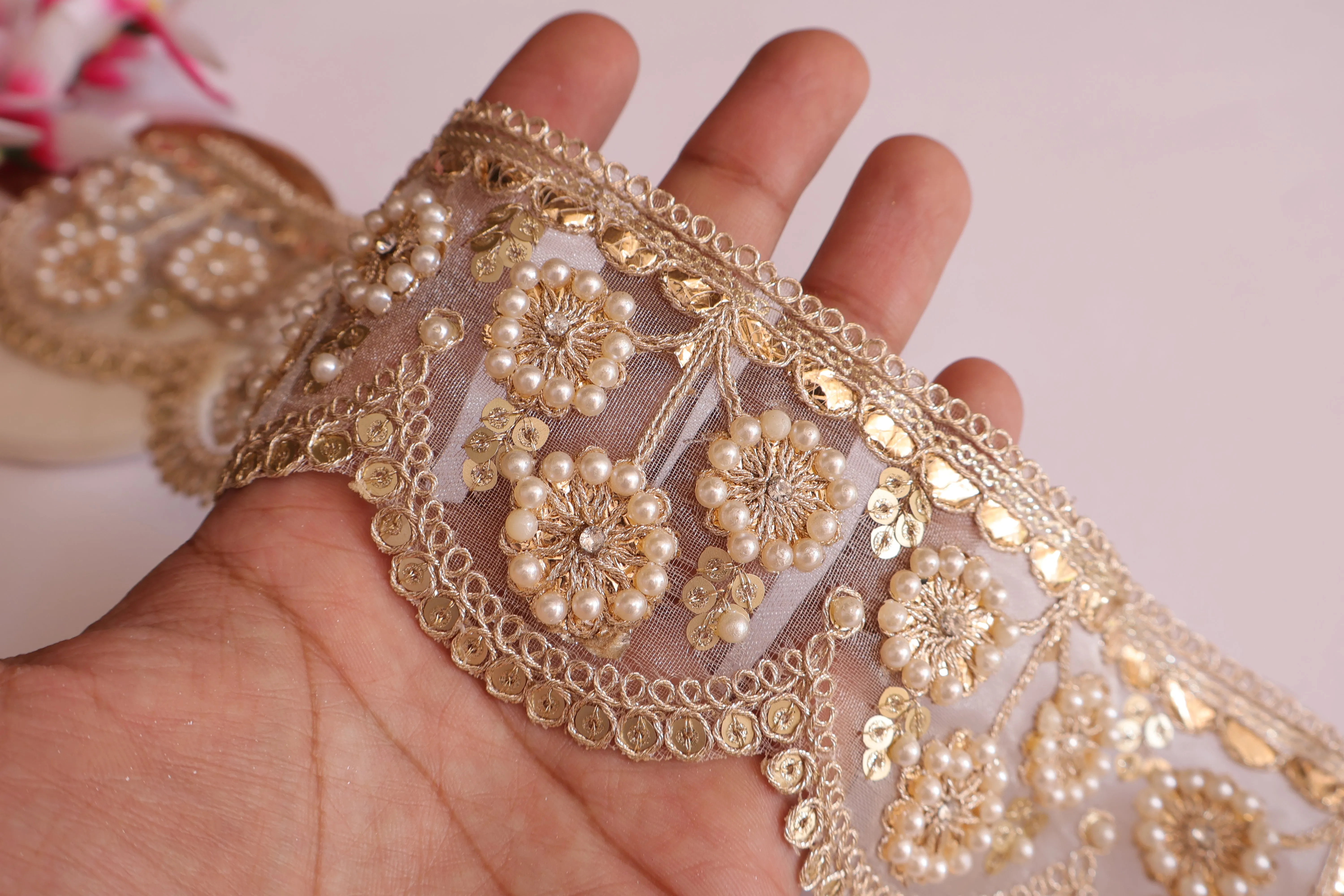 Creme Gold Scallop Pearl & Zircon Lace Border- 3 Yards Long
