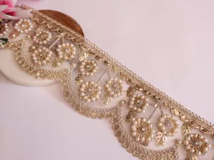 Creme Gold Scallop Pearl & Zircon Lace Border- 3 Yards Long