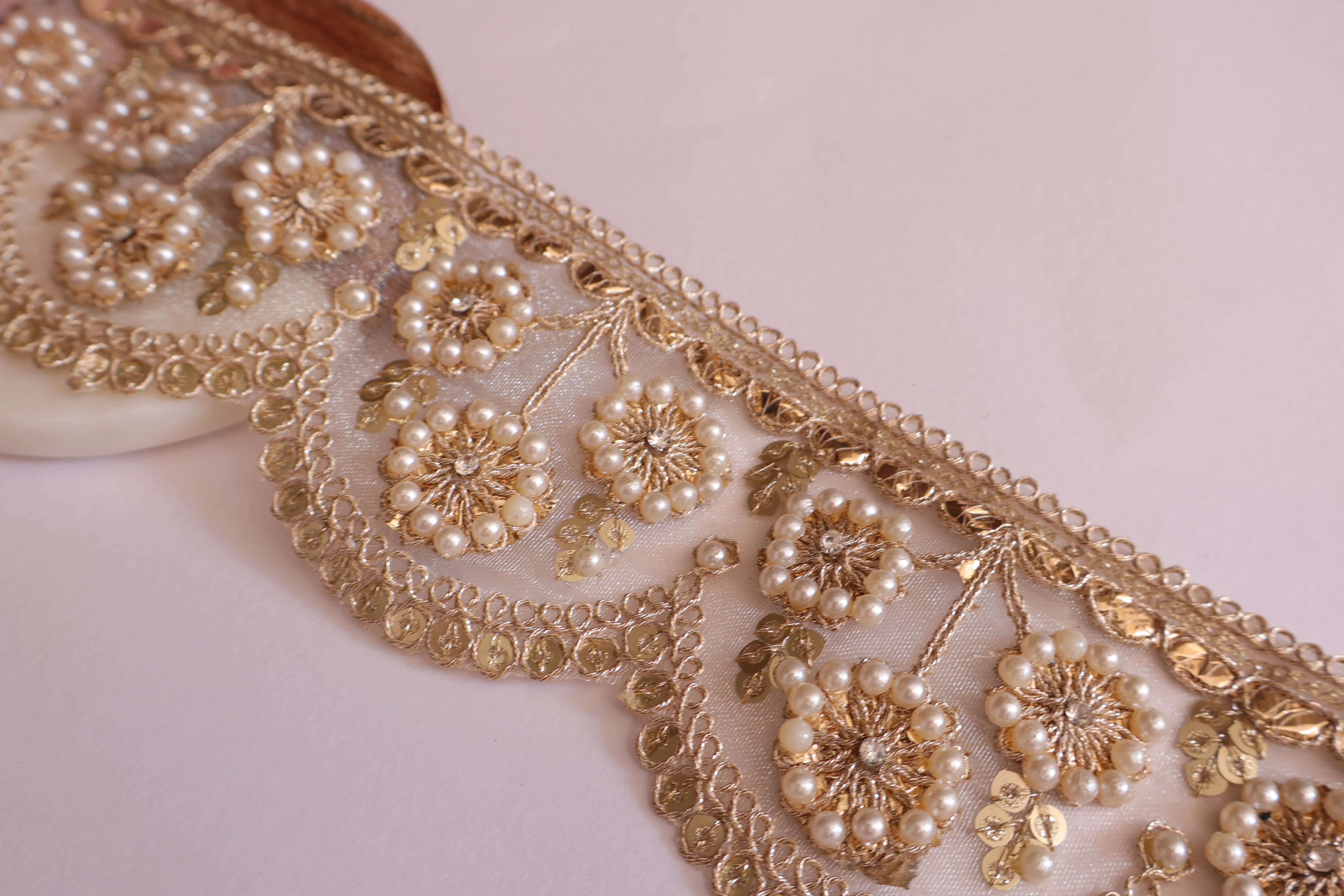 Creme Gold Scallop Pearl & Zircon Lace Border- 3 Yards Long