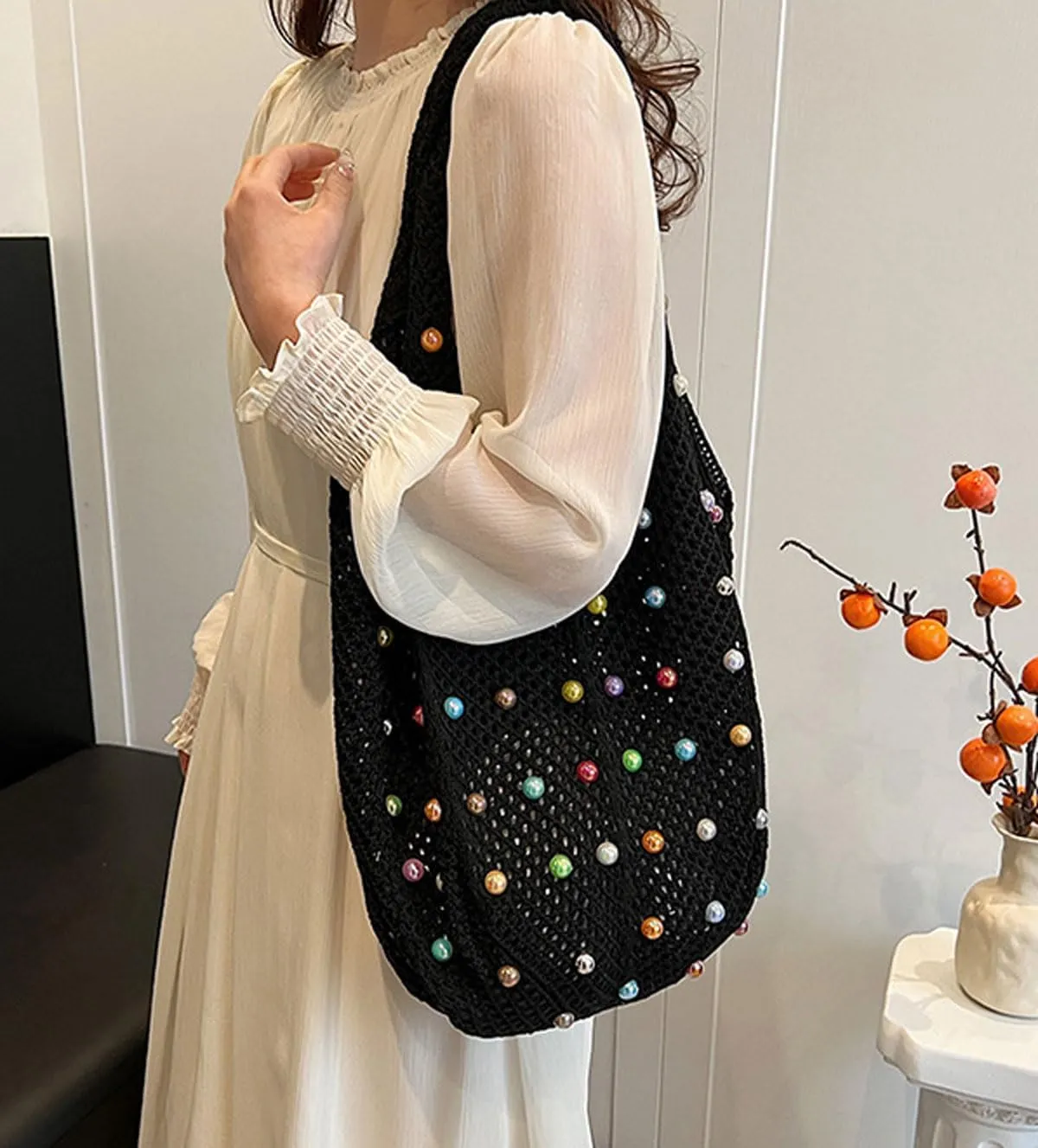Crochet Tote Bags for Women Colorful Pearl Beaded Mesh Handbag Knitted Beach Shoulder Bags