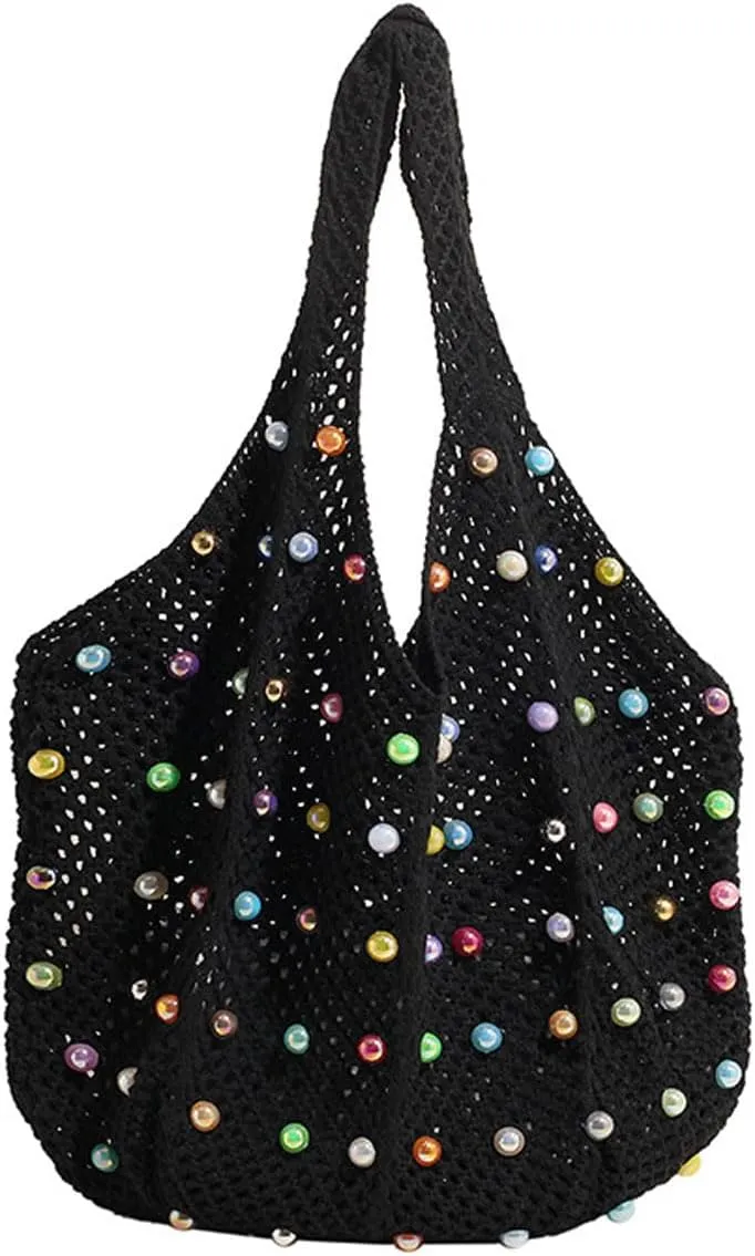 Crochet Tote Bags for Women Colorful Pearl Beaded Mesh Handbag Knitted Beach Shoulder Bags