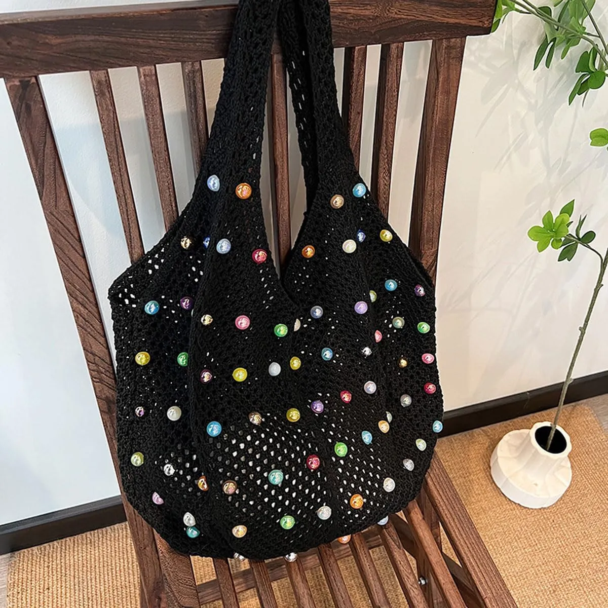 Crochet Tote Bags for Women Colorful Pearl Beaded Mesh Handbag Knitted Beach Shoulder Bags