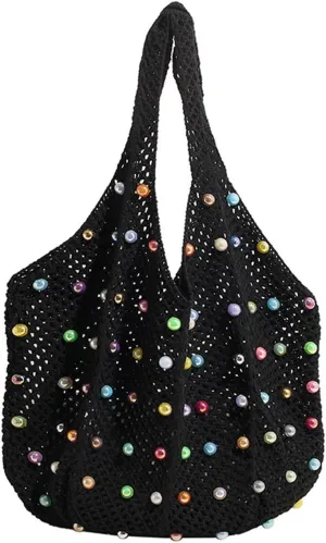 Crochet Tote Bags for Women Colorful Pearl Beaded Mesh Handbag Knitted Beach Shoulder Bags