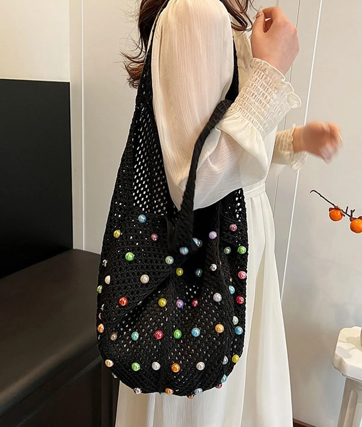 Crochet Tote Bags for Women Colorful Pearl Beaded Mesh Handbag Knitted Beach Shoulder Bags