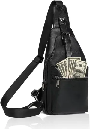 Crossbody Sling Bag for Women Men Small Cross Body Purse Anti Theft Fanny Pack Waterproof Vegan PU Leather Backpack Trendy Daypack Chest Bag for Travel Sports Running Hiking with Guitar Strap ,Black