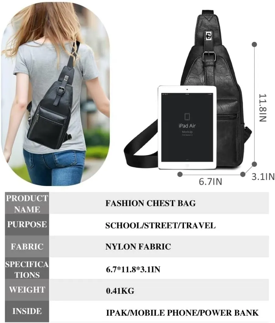Crossbody Sling Bag for Women Men Small Cross Body Purse Anti Theft Fanny Pack Waterproof Vegan PU Leather Backpack Trendy Daypack Chest Bag for Travel Sports Running Hiking with Guitar Strap ,Black