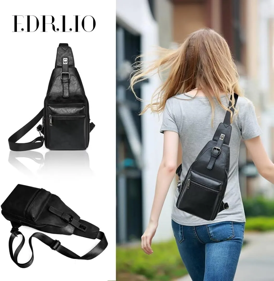 Crossbody Sling Bag for Women Men Small Cross Body Purse Anti Theft Fanny Pack Waterproof Vegan PU Leather Backpack Trendy Daypack Chest Bag for Travel Sports Running Hiking with Guitar Strap ,Black