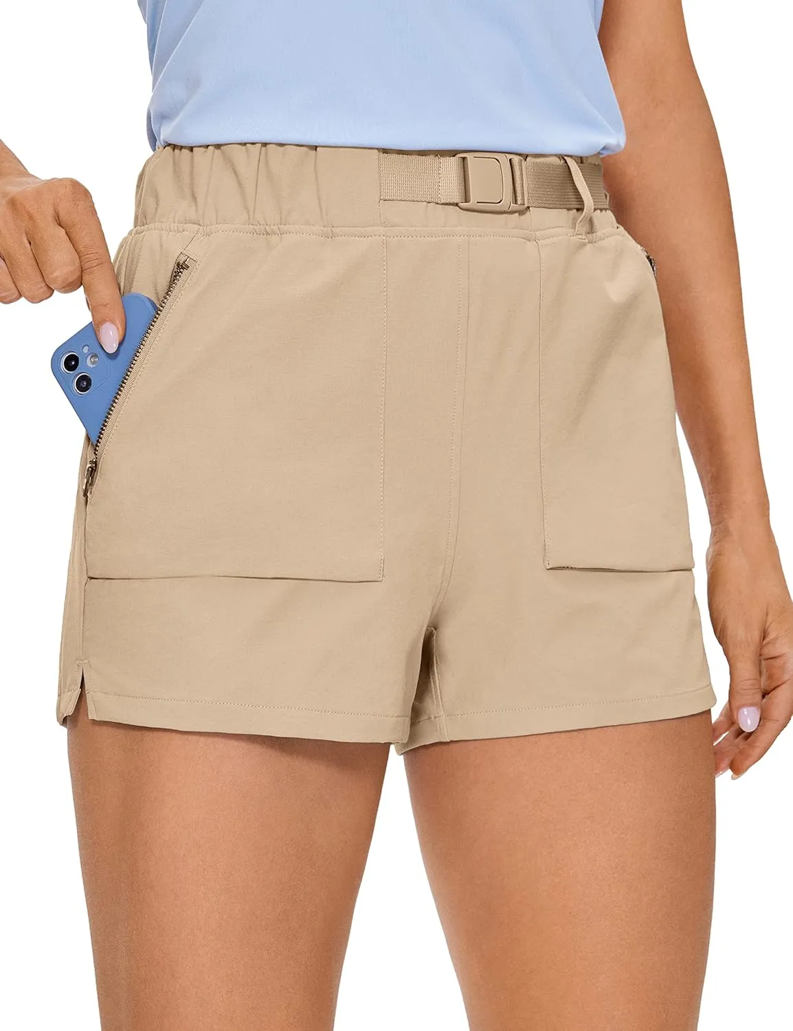 CRZ YOGA Women's Waterproof Stretch Hiking Shorts Mid Rise Summer for Outdoor Golf Workout with Zip Pockets Belt - 3''