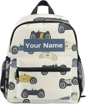 Custom Cartoon Race Cars Kids Backpack for Girls Boys, Childish Cars Toddler Casual Daypack Backpacks, Personalized with Kid's Name Preschool School Bag, Children Travel Bookbag with Chest Strap