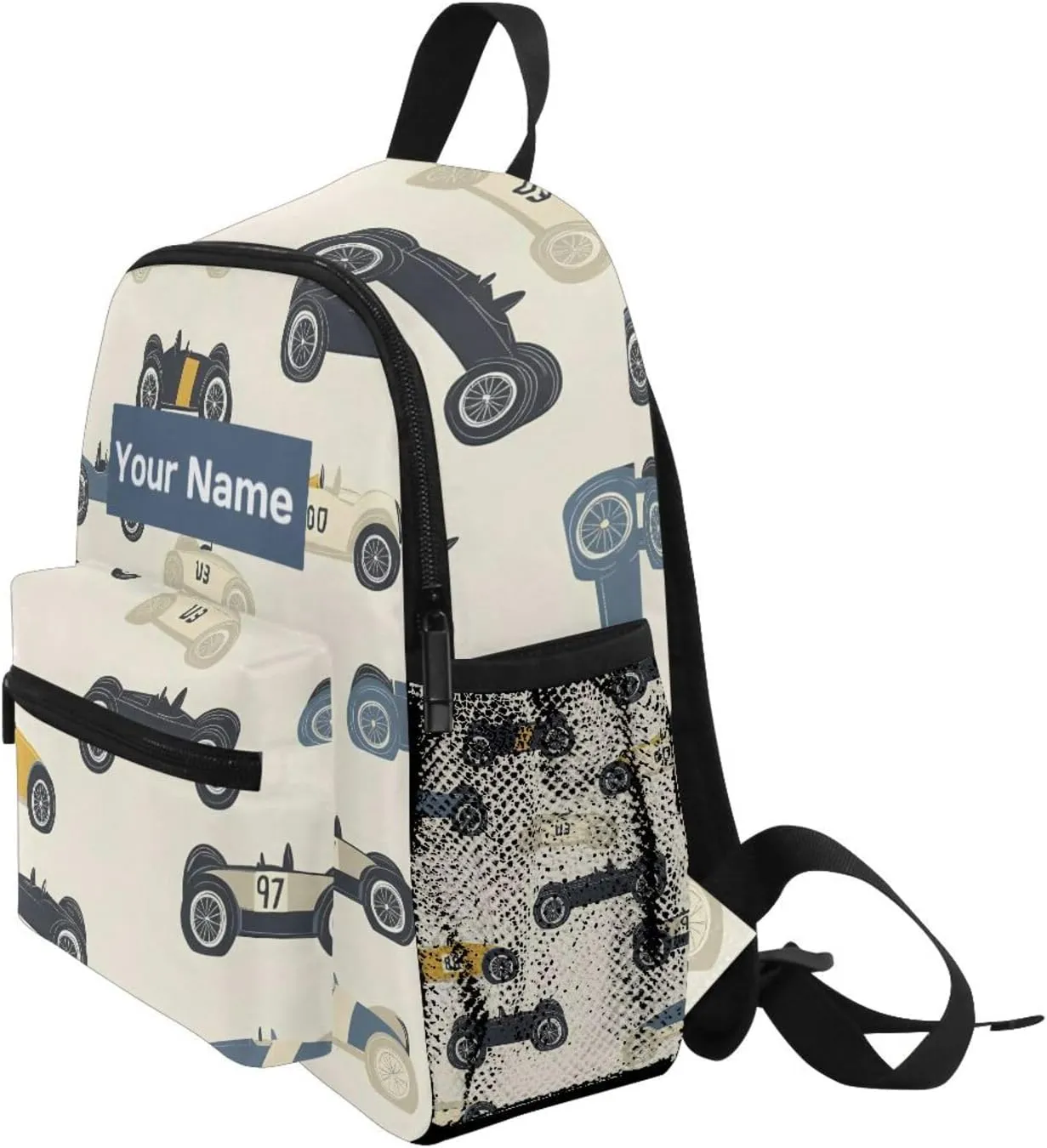Custom Cartoon Race Cars Kids Backpack for Girls Boys, Childish Cars Toddler Casual Daypack Backpacks, Personalized with Kid's Name Preschool School Bag, Children Travel Bookbag with Chest Strap