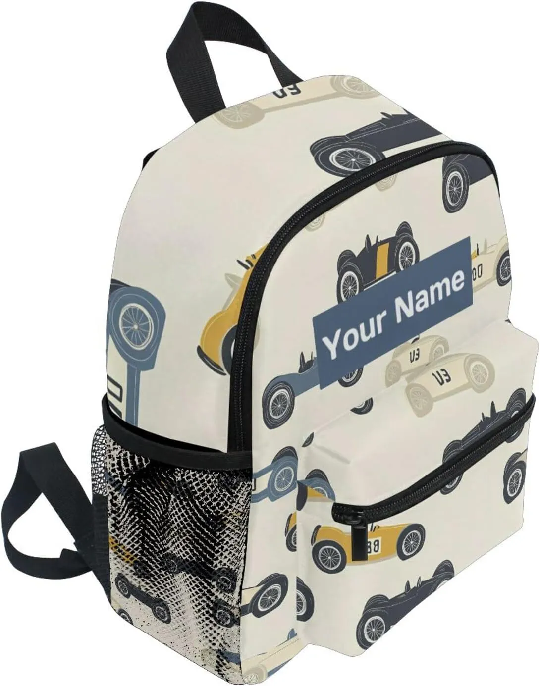 Custom Cartoon Race Cars Kids Backpack for Girls Boys, Childish Cars Toddler Casual Daypack Backpacks, Personalized with Kid's Name Preschool School Bag, Children Travel Bookbag with Chest Strap